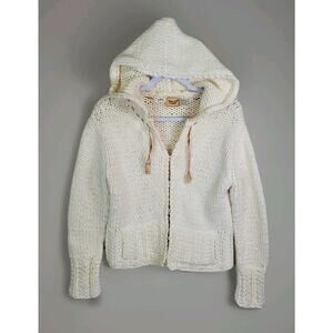 Kenji Handknit Sweater Women's Sz Large Cream Hand Chunky Cable Knit Hooded